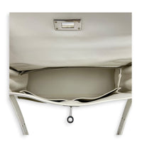 Kelly 28 White/ Vert Olive Officer Toile Top Handle Bag in Swift/Canvas, Palladium hardware