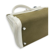 Kelly 28 White/ Vert Olive Officer Toile Top Handle Bag in Swift/Canvas, Palladium hardware