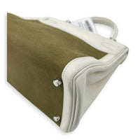 Kelly 28 White/ Vert Olive Officer Toile Top Handle Bag in Swift/Canvas, Palladium hardware