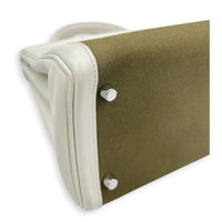 Kelly 28 White/ Vert Olive Officer Toile Top Handle Bag in Swift/Canvas, Palladium hardware