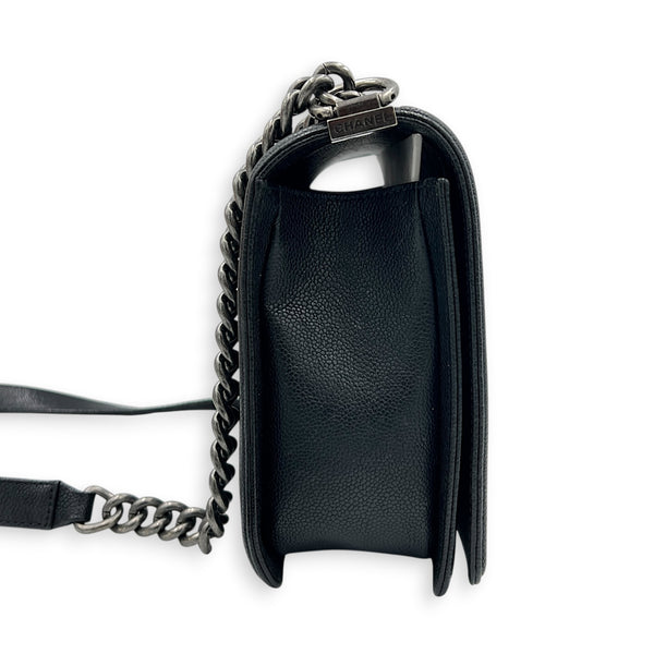 Boy Shoulder Bag Medium Black in Caviar Leather, Ruthenium hardware