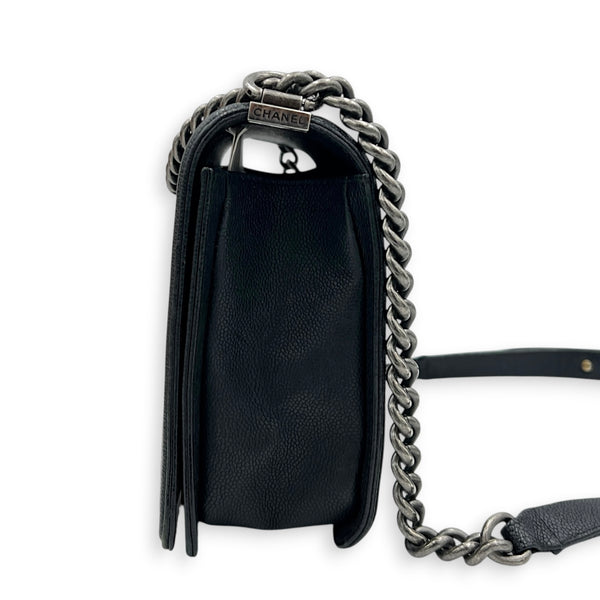 Boy Shoulder Bag Medium Black in Caviar Leather, Ruthenium hardware