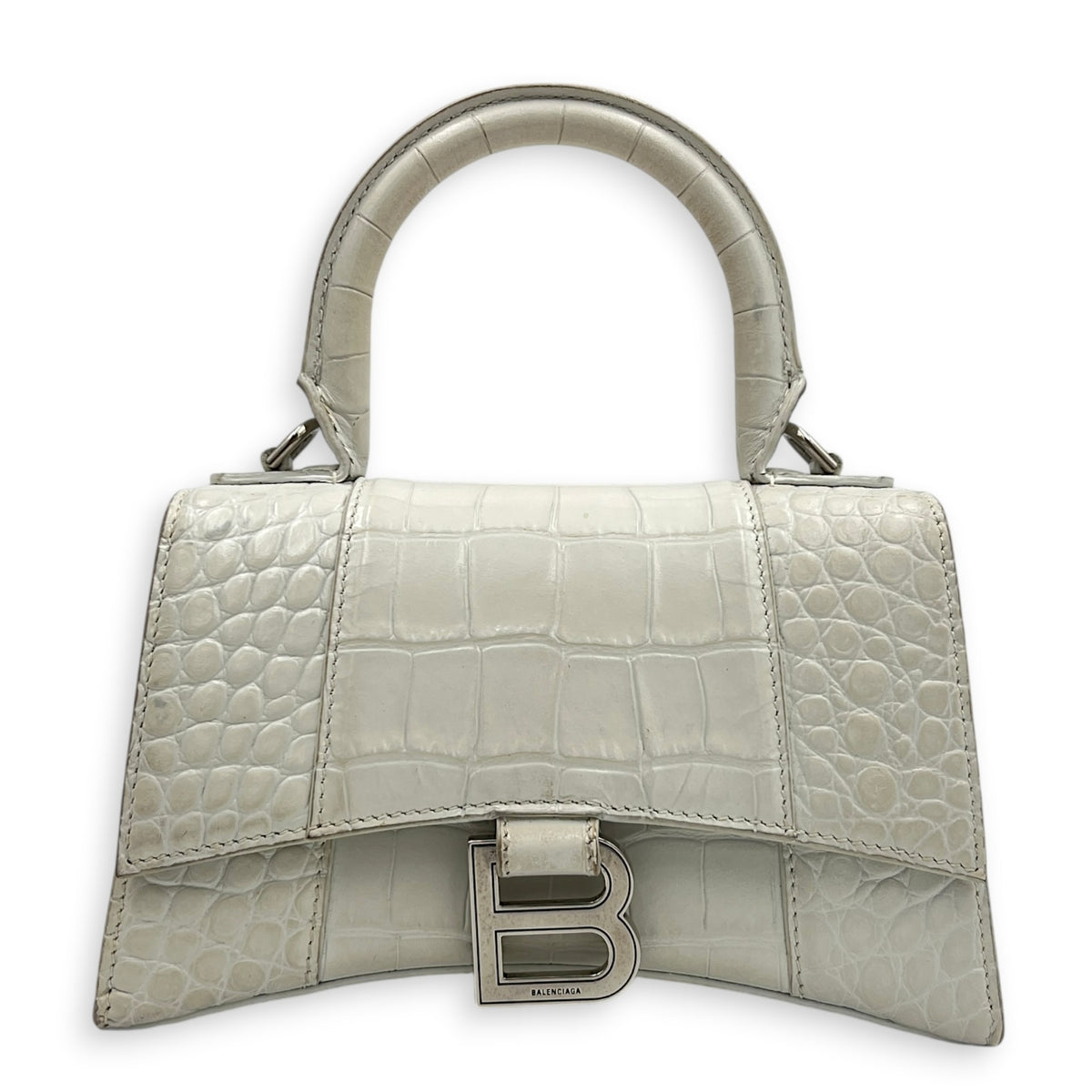 Hourglass Top Handle Bag XS White/Off-White in Crocodile Embossed Calfskin, Silver hardware
