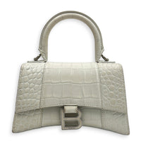 Hourglass Top Handle Bag XS White/Off-White in Crocodile Embossed Calfskin, Silver hardware