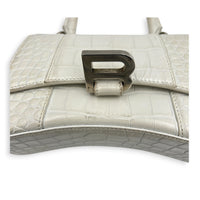 Hourglass Top Handle Bag XS White/Off-White in Crocodile Embossed Calfskin, Silver hardware