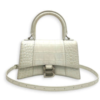 Hourglass Top Handle Bag XS White/Off-White in Crocodile Embossed Calfskin, Silver hardware