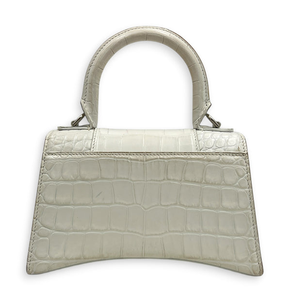 Hourglass Top Handle Bag XS White/Off-White in Crocodile Embossed Calfskin, Silver hardware