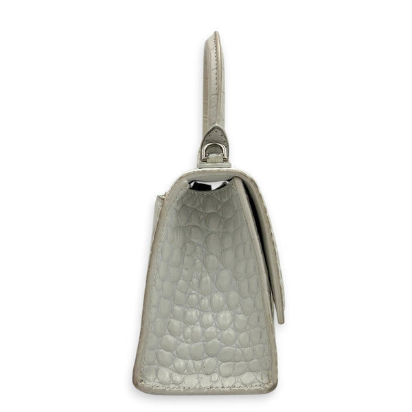 Hourglass Top Handle Bag XS White/Off-White in Crocodile Embossed Calfskin, Silver hardware