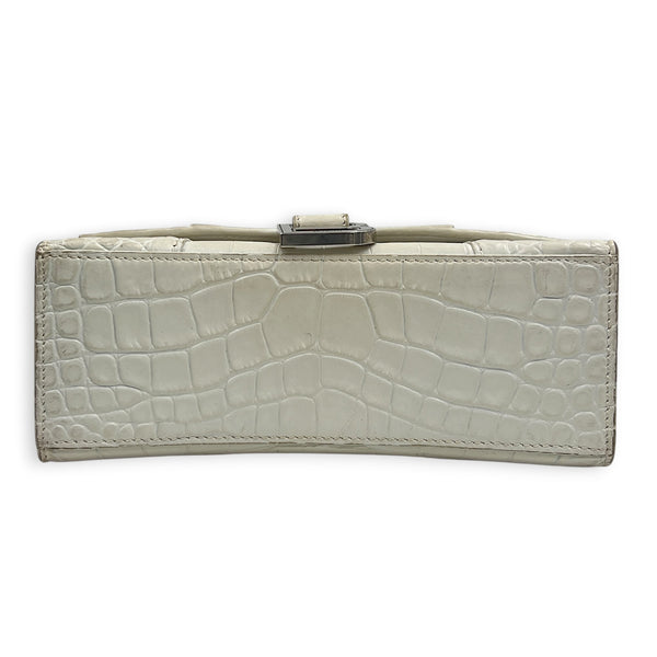 Hourglass Top Handle Bag XS White/Off-White in Crocodile Embossed Calfskin, Silver hardware
