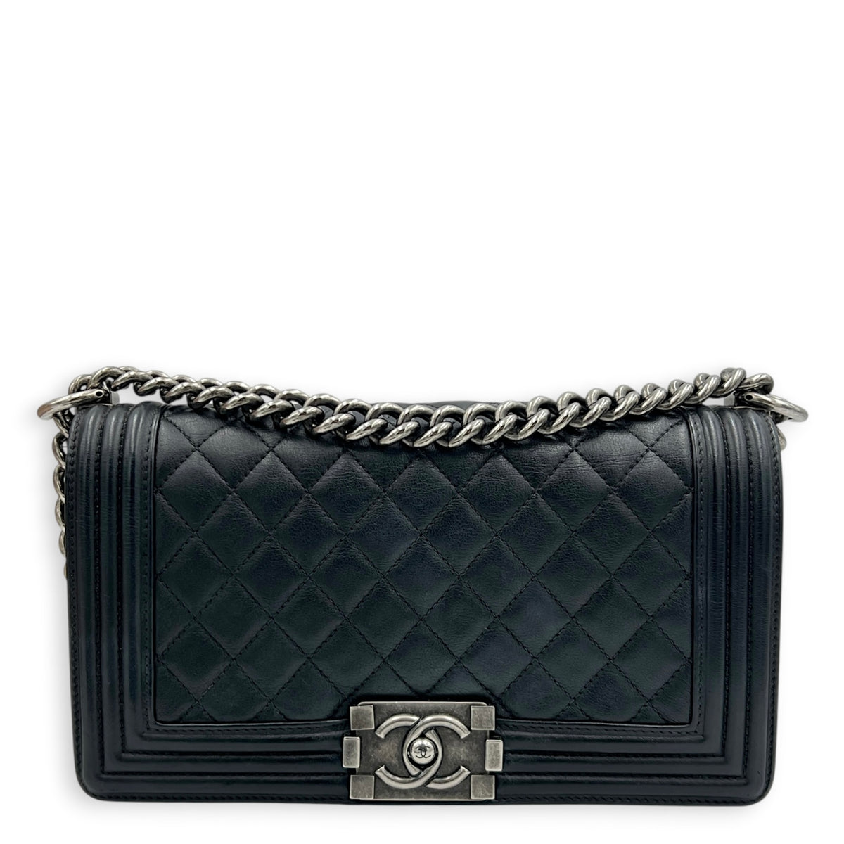 Boy Shoulder Bag Medium Black in Lambskin, Ruthenium hardware