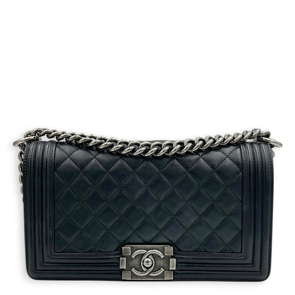 Boy Shoulder Bag Medium Black in Lambskin, Ruthenium hardware