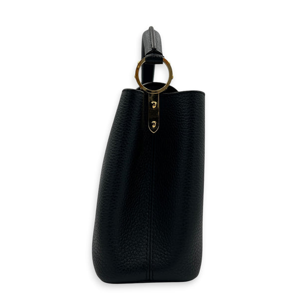 Capucines BB Black Top Handle Bag in Taurillon Leather, Gold hardware