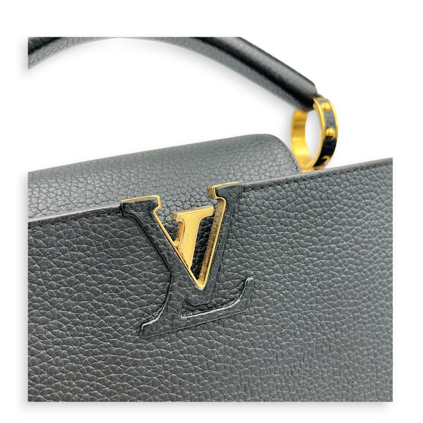 Capucines BB Black Top Handle Bag in Taurillon Leather, Gold hardware