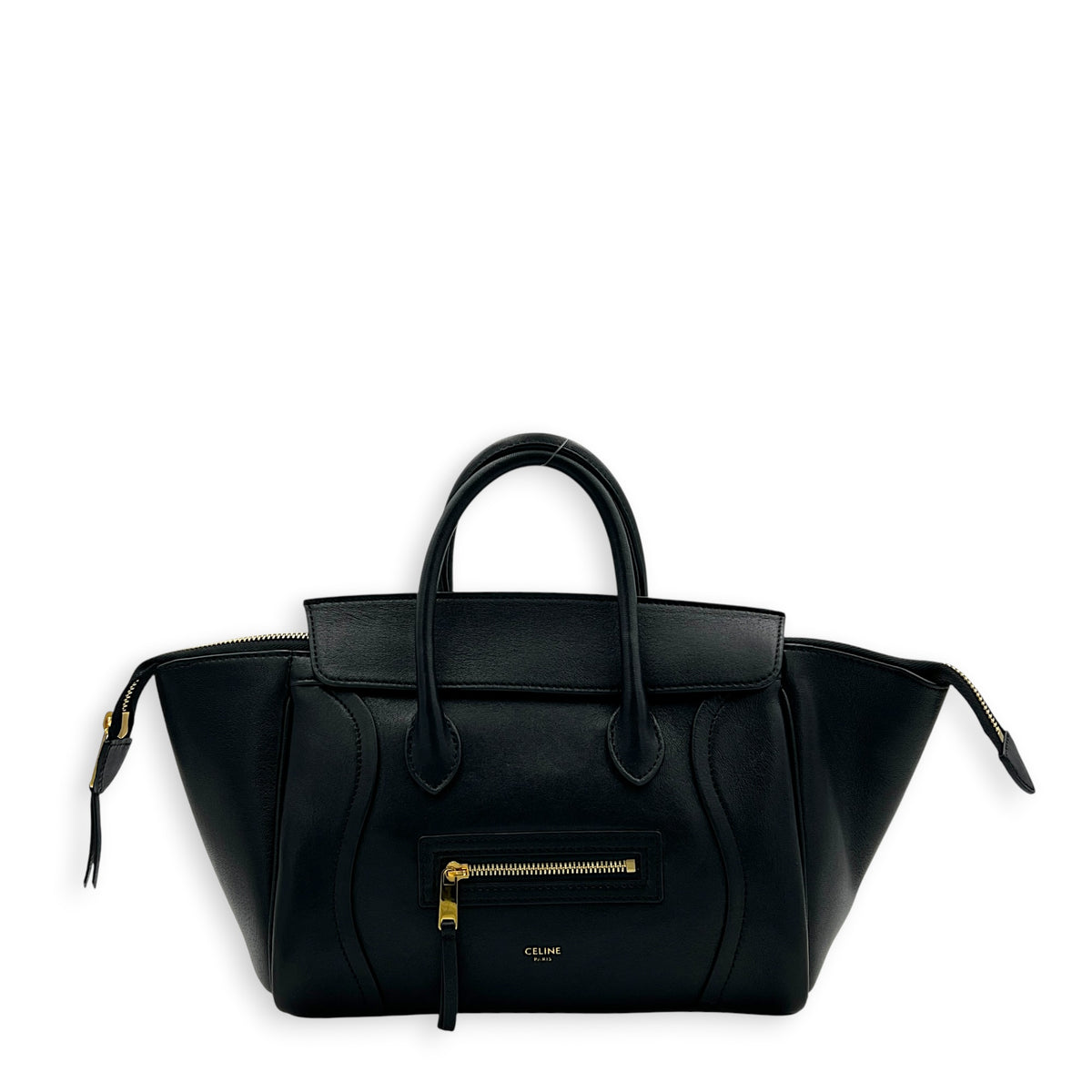 Little Luggage Black Top Handle Bag in Shiny Lambskin, Gold hardware