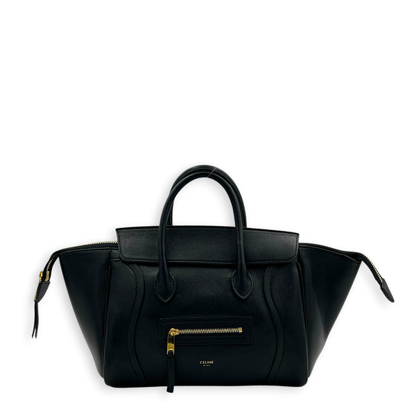 Little Luggage Black Top Handle Bag in Shiny Lambskin, Gold hardware
