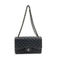 Classic Double Flap Jumbo Black Shoulder Bag in Caviar Leather, Silver hardware