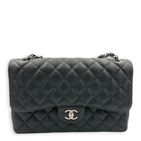 Classic Double Flap Jumbo Black Shoulder Bag in Caviar Leather, Silver hardware