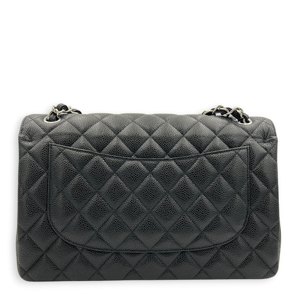 Classic Double Flap Jumbo Black Shoulder Bag in Caviar Leather, Silver hardware