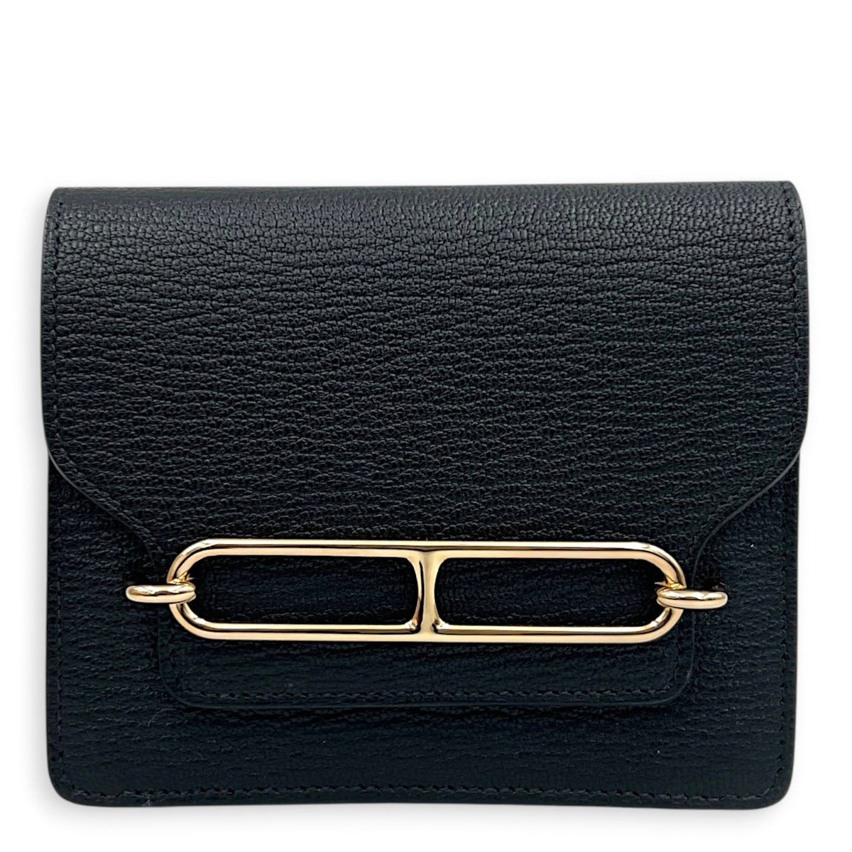 Roulis Slim Compact Noir Wallet in Chevre Mysore, Gold hardware