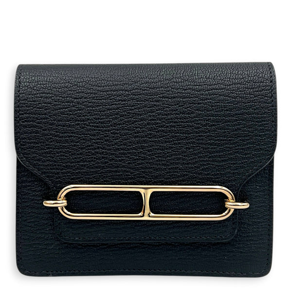 Roulis Slim Compact Noir Wallet in Chevre Mysore, Gold hardware