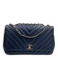 CC Chevron Shoulder Bag Navy Blue in Calfskin, Silver hardware