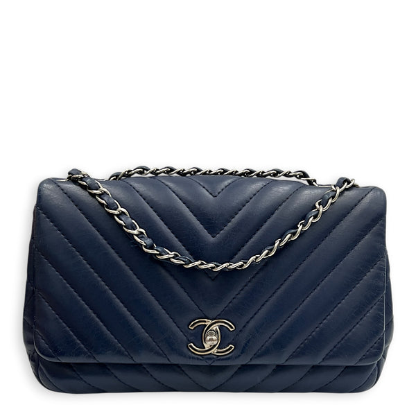 CC Chevron Shoulder Bag Navy Blue in Calfskin, Silver hardware