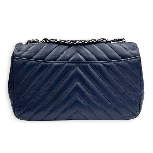 CC Chevron Shoulder Bag Navy Blue in Calfskin, Silver hardware