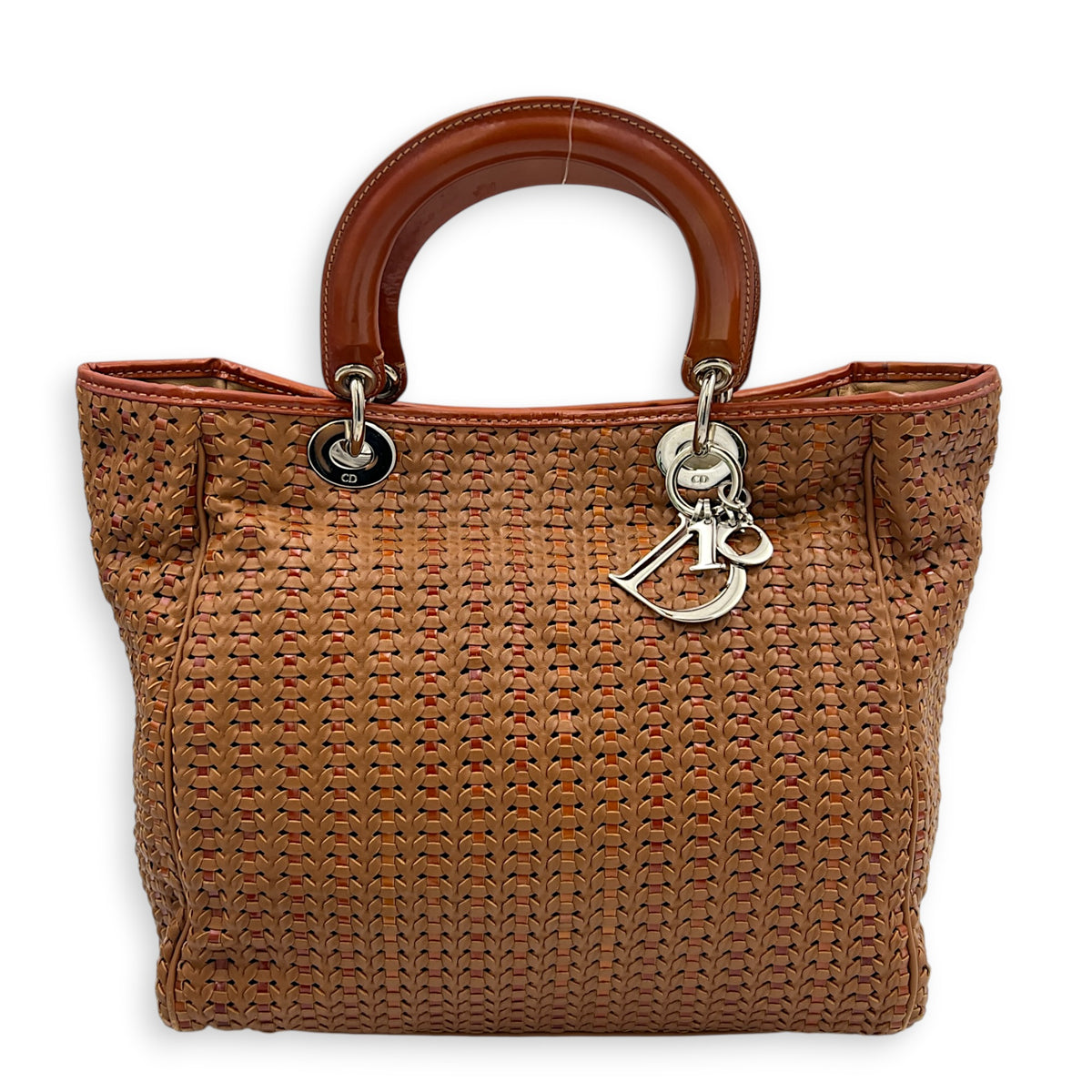 Soft Lady Dior Large Brown Woven Leather Top Handle Bag in Calfskin, Silver hardware