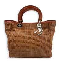 Soft Lady Dior Large Brown Woven Leather Top Handle Bag in Calfskin, Silver hardware