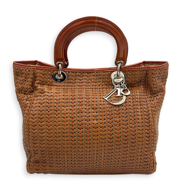 Soft Lady Dior Large Brown Woven Leather Top Handle Bag in Calfskin, Silver hardware
