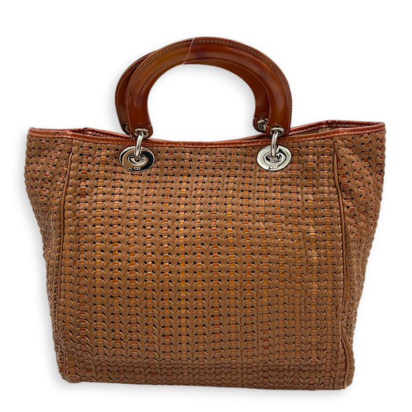 Soft Lady Dior Large Brown Woven Leather Top Handle Bag in Calfskin, Silver hardware