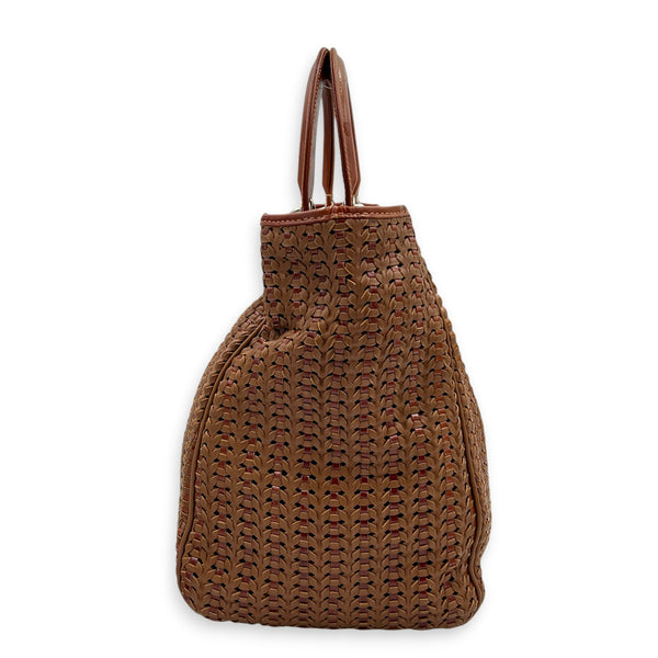 Soft Lady Dior Large Brown Woven Leather Top Handle Bag in Calfskin, Silver hardware