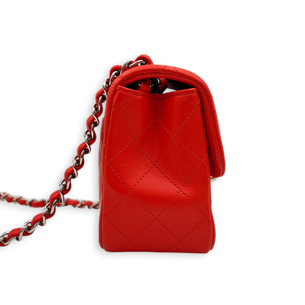 Rectangle Flap Shoulder Bag Mini Red in Lambskin, Silver hardware