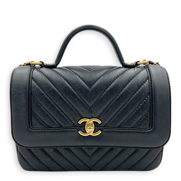 CC Chevron Black Top Handle Bag in Calfskin, Gold hardware