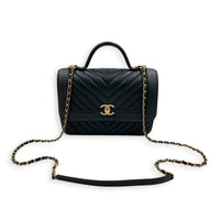 CC Chevron Black Top Handle Bag in Calfskin, Gold hardware