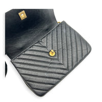CC Chevron Black Top Handle Bag in Calfskin, Gold hardware