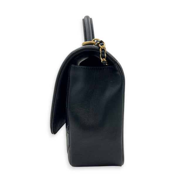 CC Chevron Black Top Handle Bag in Calfskin, Gold hardware