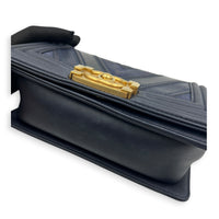 Boy Small Seasonal Chevron Blue Shoulder Bag in Calfskin, Gold hardware