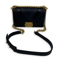 Boy Small Seasonal Chevron Blue Shoulder Bag in Calfskin, Gold hardware