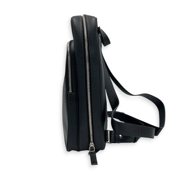 Logo Backpack Black in Saffiano Leather, Silver hardware