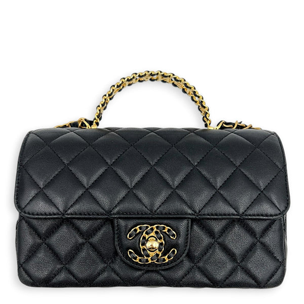 24C Rectangle Top Black Top Handle Bag in Lambskin, Gold hardware
