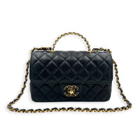 24C Rectangle Top Black Top Handle Bag in Lambskin, Gold hardware
