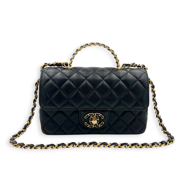 24C Rectangle Top Black Top Handle Bag in Lambskin, Gold hardware
