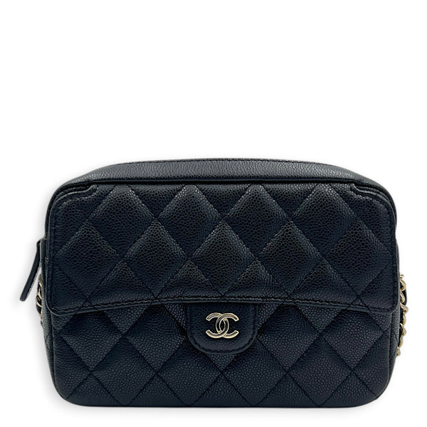 25C Camera Black Crossbody Bag in Caviar Leather, Gold hardware
