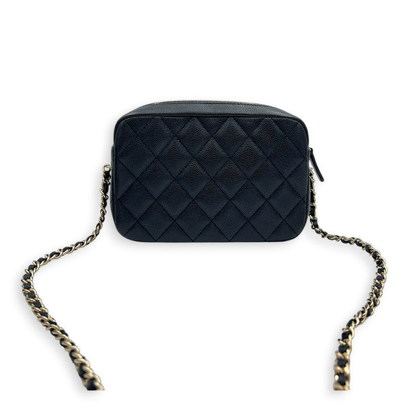 25C Camera Black Crossbody Bag in Caviar Leather, Gold hardware