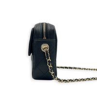 25C Camera Black Crossbody Bag in Caviar Leather, Gold hardware