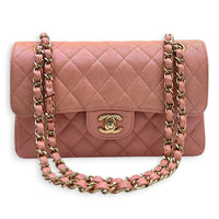 Classic Double Flap Small Iridescent Pink Shoulder Bag in Caviar Leather, Gold hardware