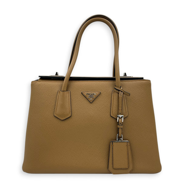 2 Way Turnlock Brown Top Handle Bag in Saffiano Leather, Silver hardware