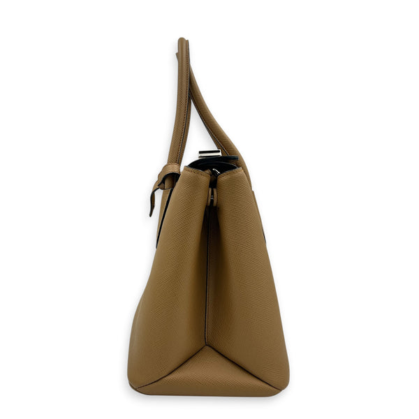 2 Way Turnlock Brown Top Handle Bag in Saffiano Leather, Silver hardware