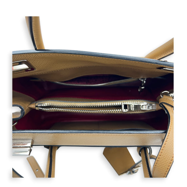 2 Way Turnlock Brown Top Handle Bag in Saffiano Leather, Silver hardware